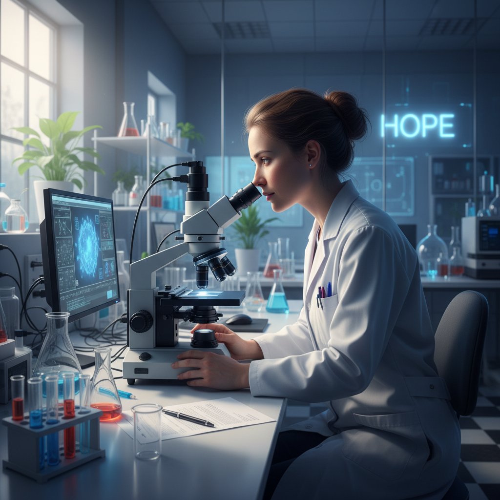 Naukowiec pracujący nad mikroskopem, zdjęcie laboratoryjne, motyw nadziei