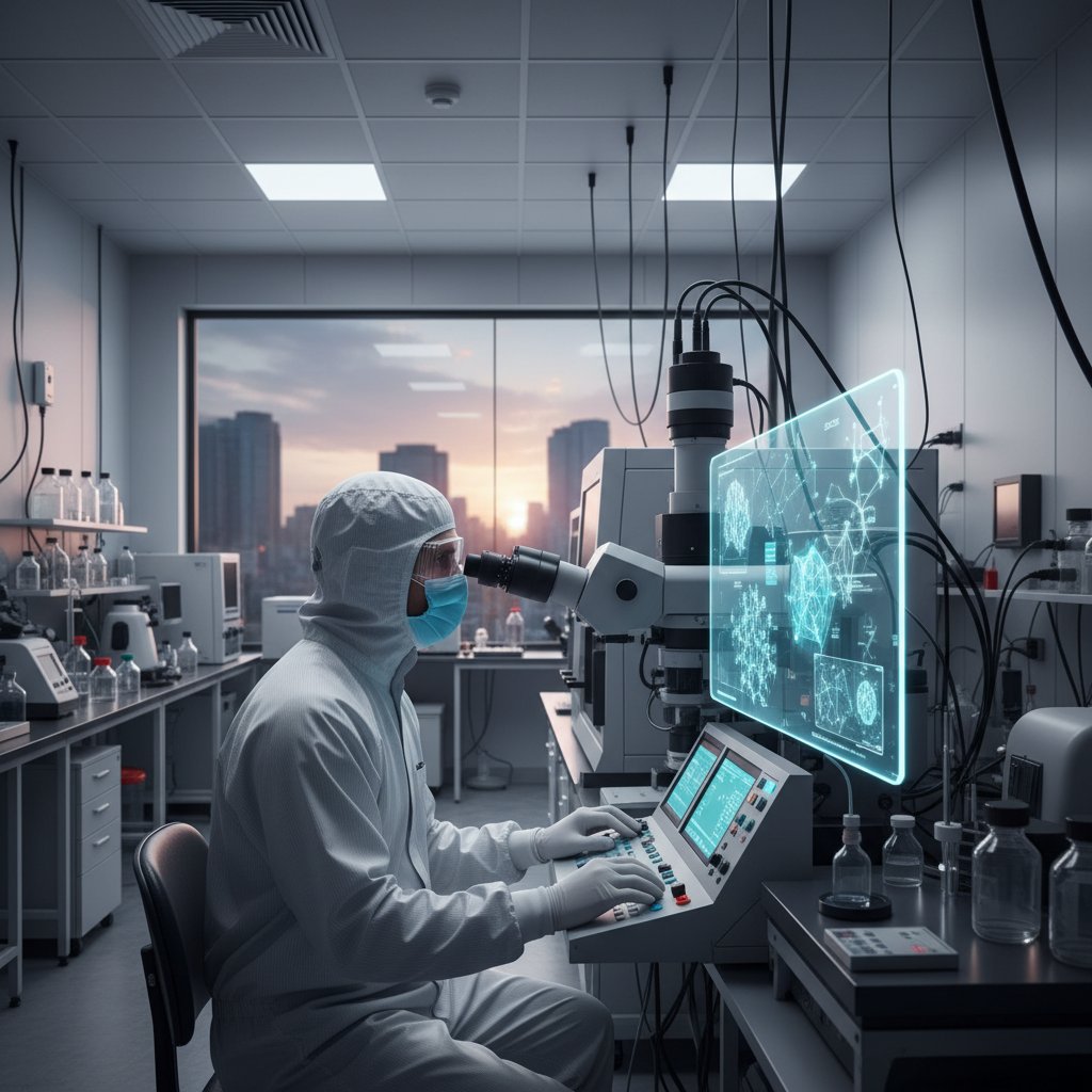 Zdjęcie przedstawiające naukowca pracującego z nowoczesnym mikroskopem w laboratorium nanotechnologicznym