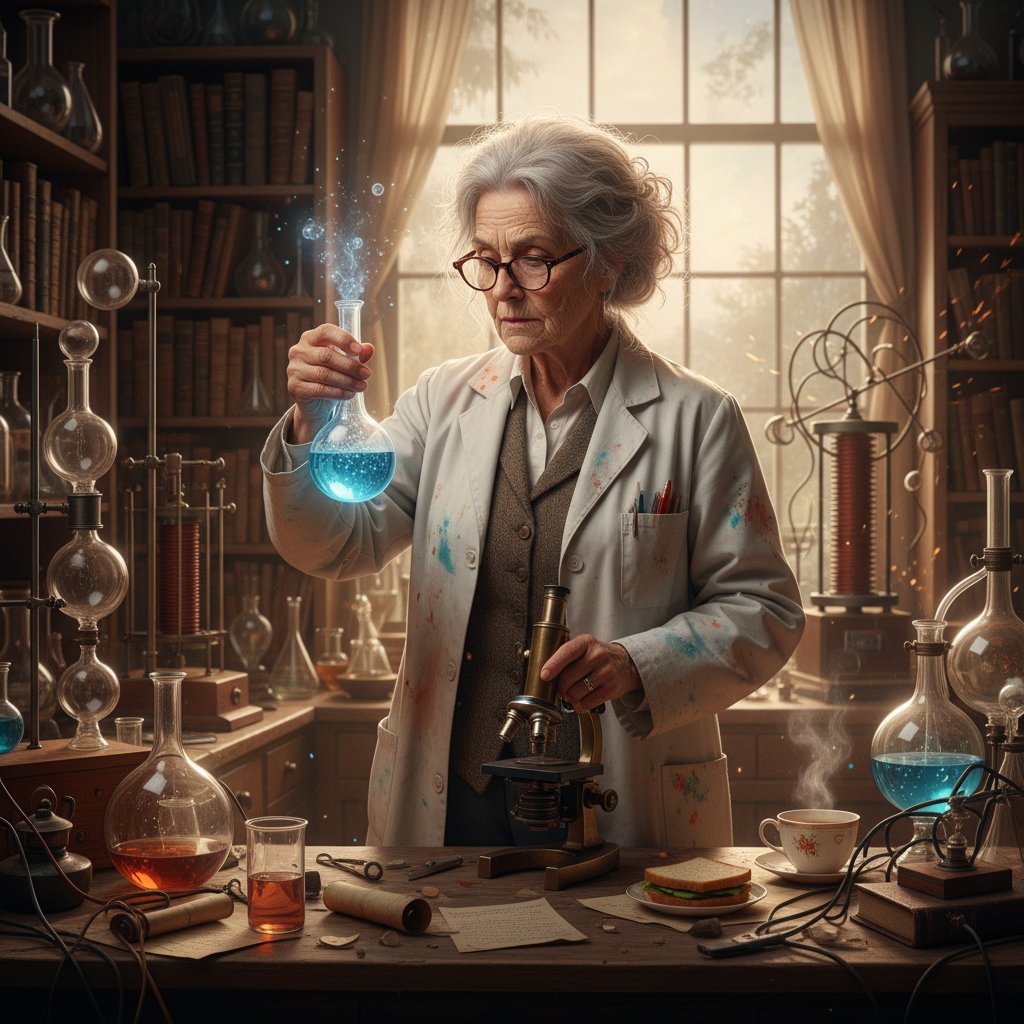 Historyczny portret naukowca w laboratorium, ewolucja badań nad pH, laboratoryjna scena