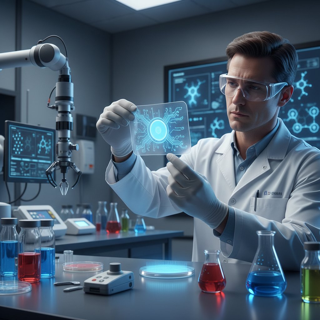 Naukowiec prezentuje nowy plaster transdermalny w laboratorium hi-tech