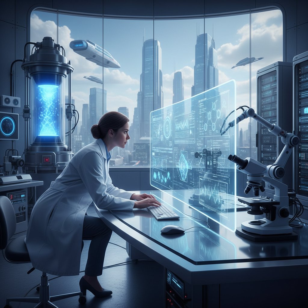 Naukowiec analizujący dane na ekranie komputera, wokół nowoczesny sprzęt badawczy, atmosfera innowacji i zaawansowanej technologii