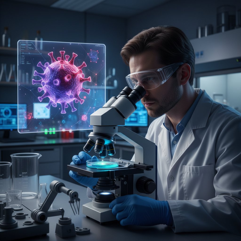 Naukowiec analizujący próbki wirusa pod mikroskopem, laboratorium badawcze, klimat powagi