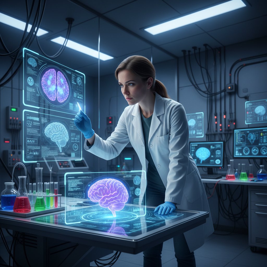 Naukowiec analizujący skany neuronów, laboratorium przyszłości