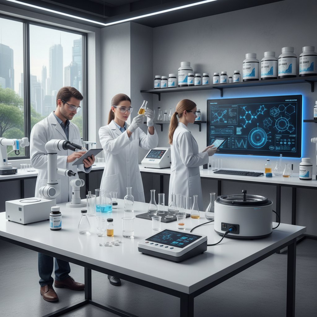 Zdjęcie naukowców pracujących nad innowacyjnymi suplementami w nowoczesnym laboratorium
