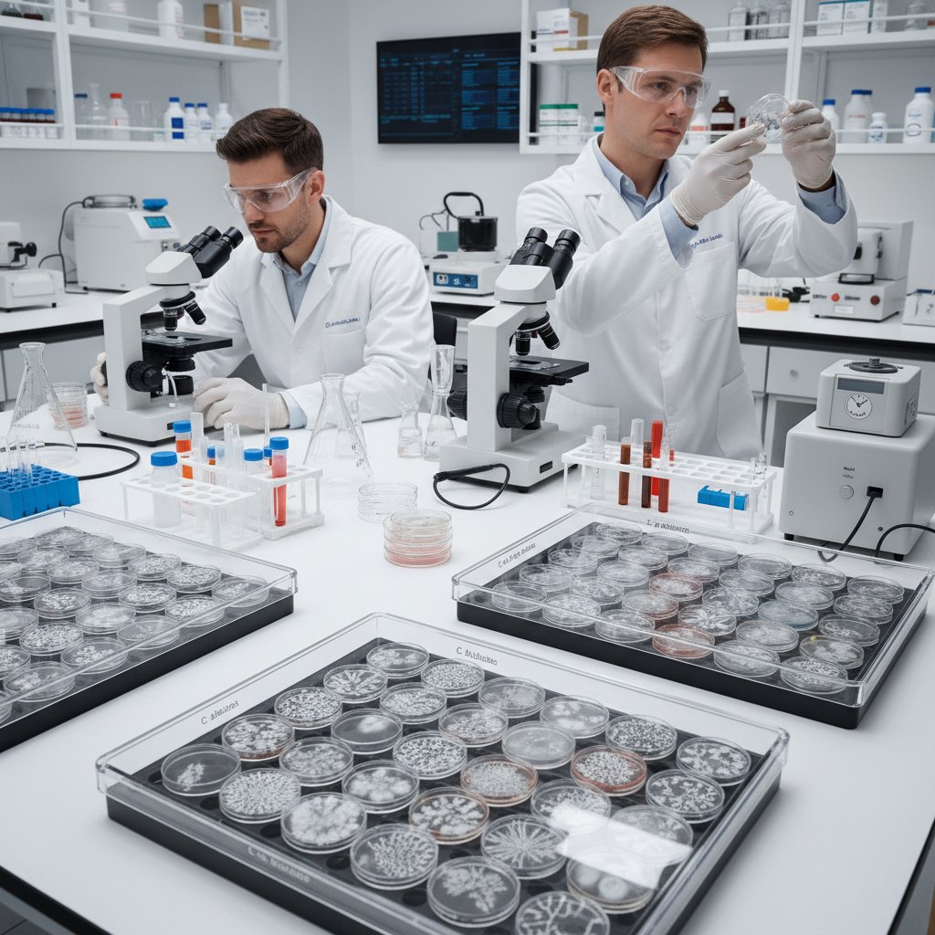 Zdjęcie zespołu naukowców w laboratorium analizujących próbki, candida