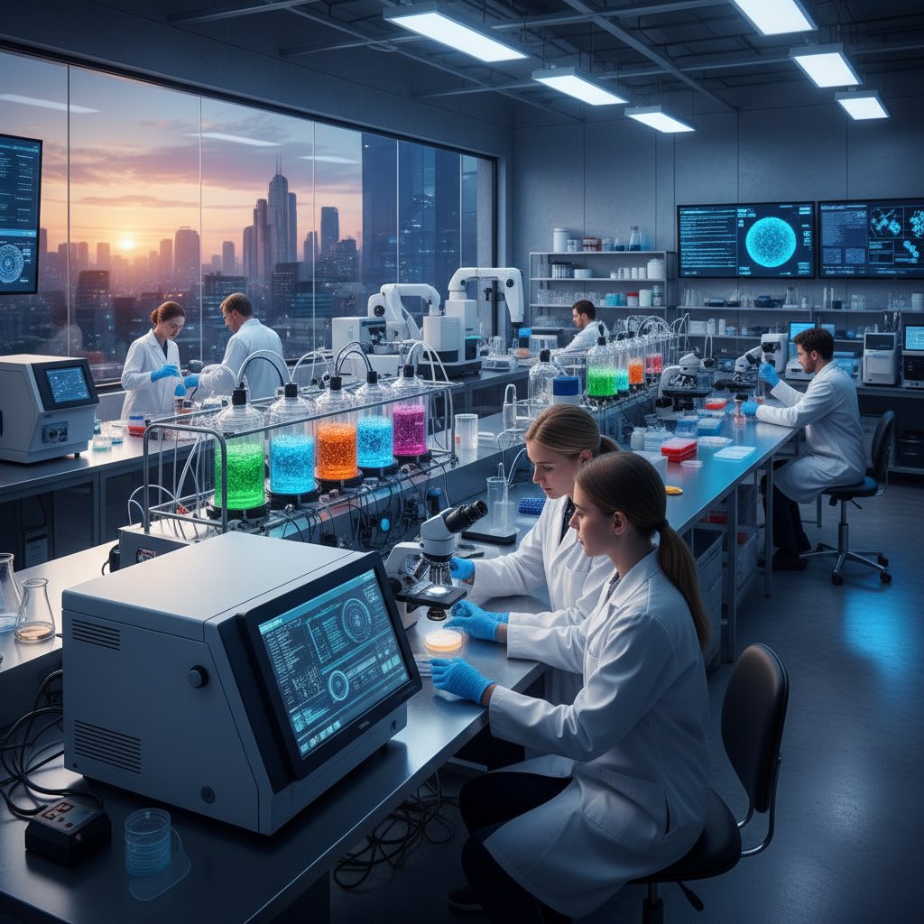 Zespół naukowców analizujących mikrobiom w nowoczesnym laboratorium