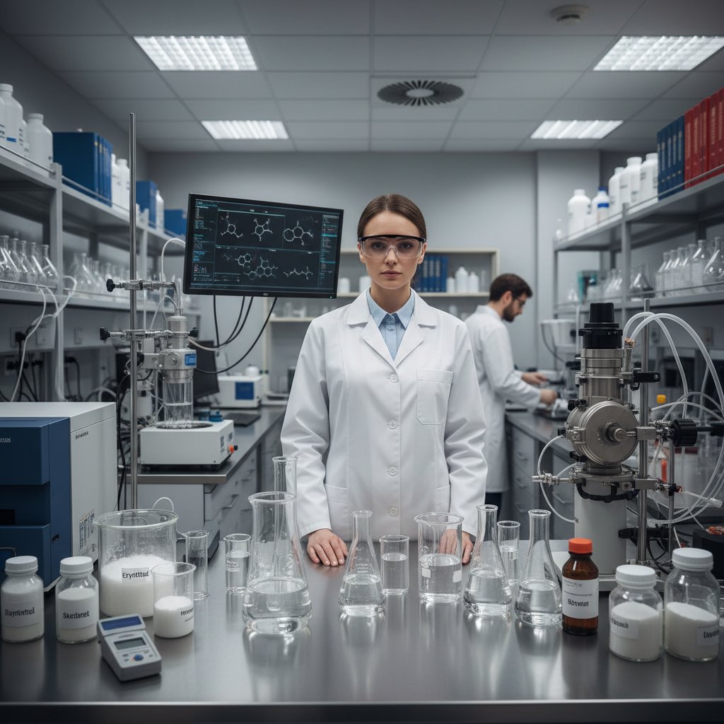 Zdjęcie naukowców podczas analizy laboratoryjnej zamienników cukru, symbolizujące aktualność i znaczenie badań naukowych