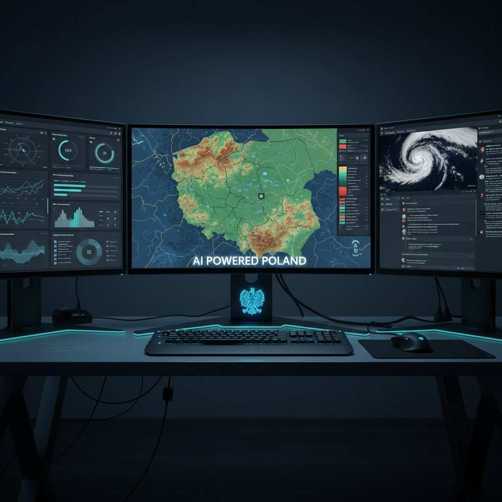 Wycięcie ekranów różnych narzędzi AI, w tle mapa Polski, nowoczesny design