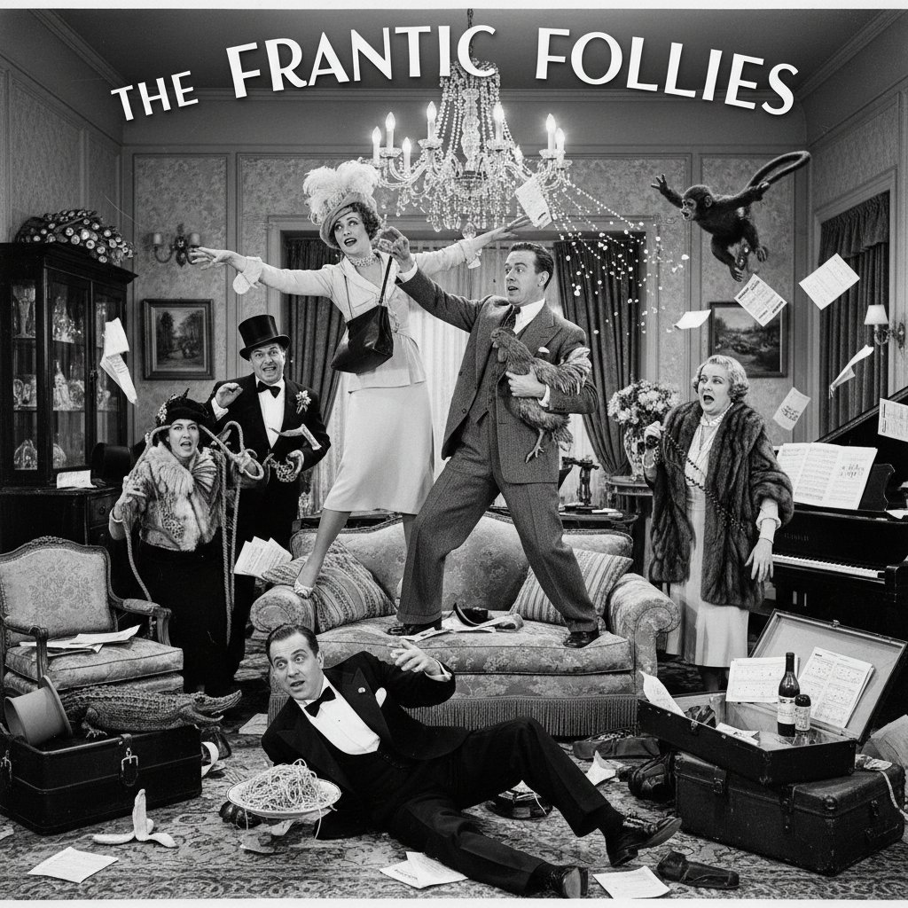 Vintage screwball comedy characters in a desperate final attempt, black and white, frantic action at its peak
