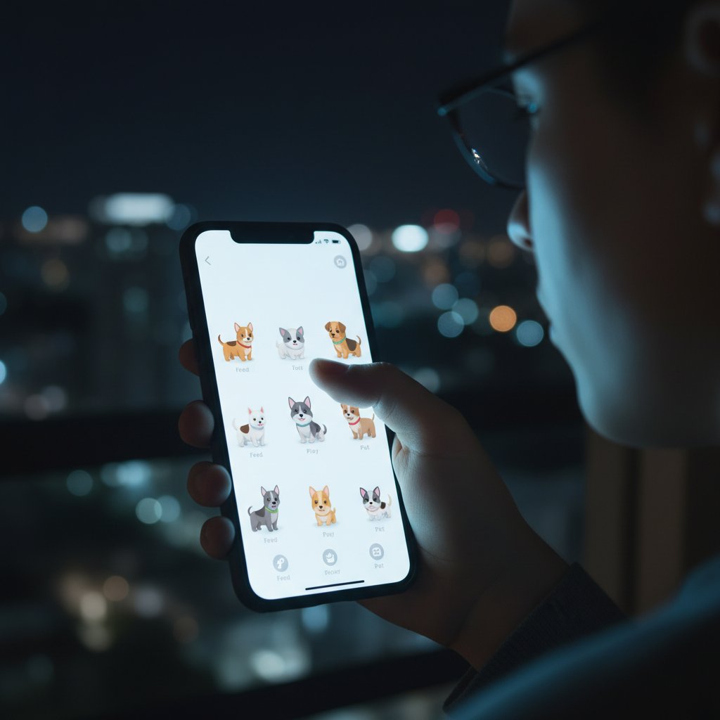 Przeglądanie aplikacji z wirtualnymi pieskami na smartfonie nocą – telefon, dłonie, ekran, klimat nocny