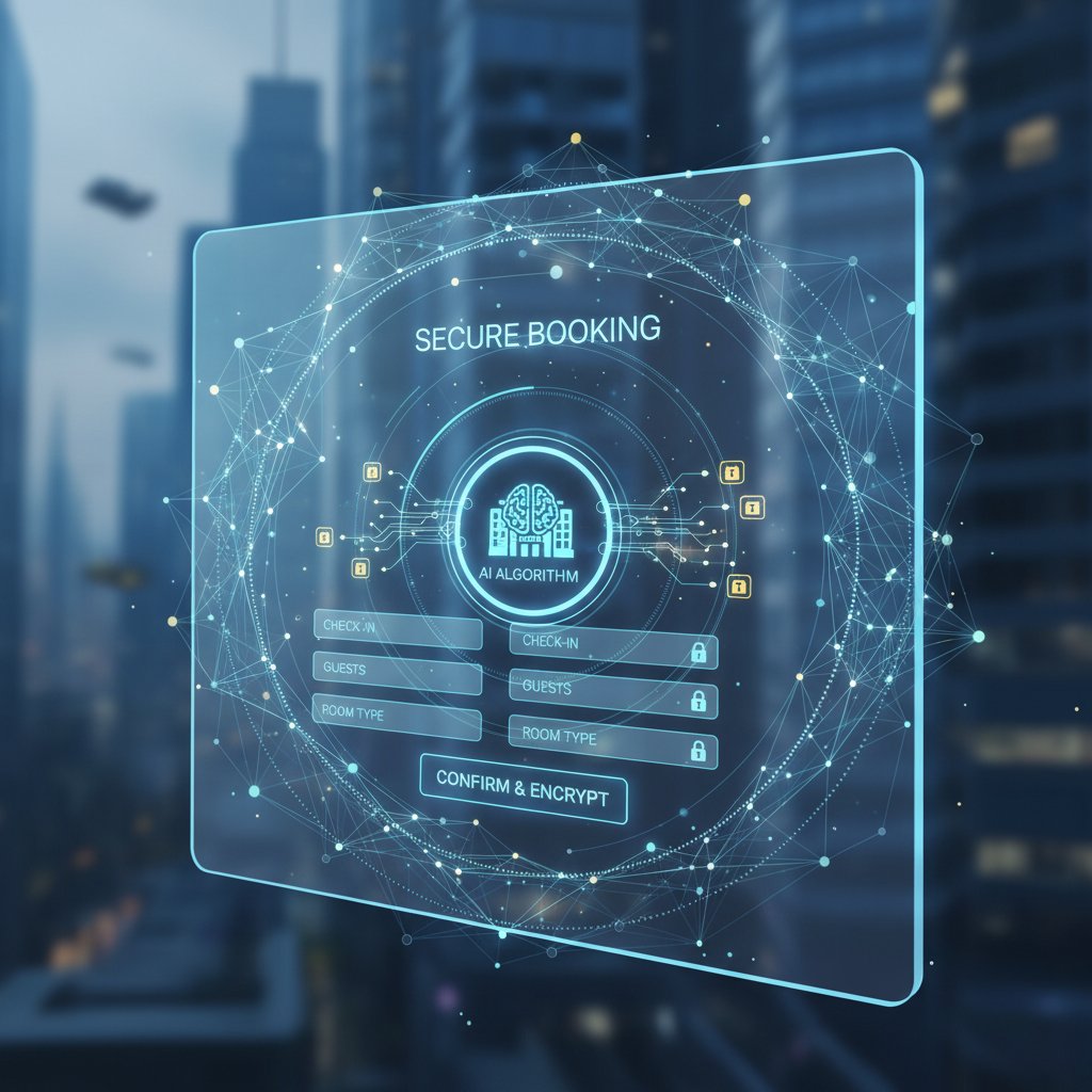 Futuristic AI algorithm protecting a digital hotel, neural network, secure booking visual