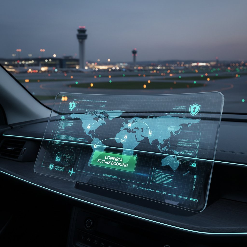 AI-generated security interface overlaying a travel scene, secure booking technology