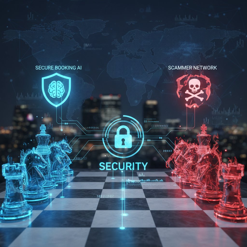 Digital chessboard with AI and scammer avatars, booking security battle