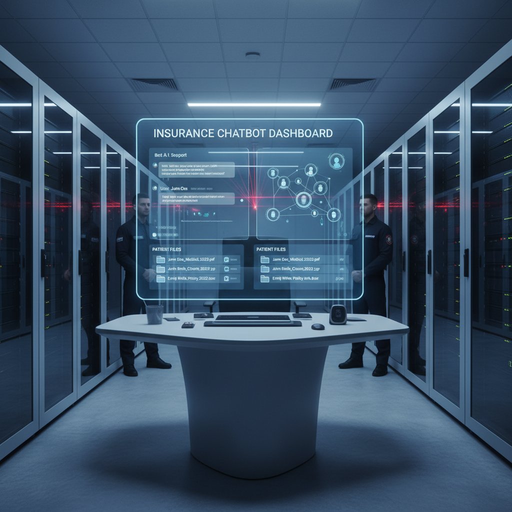 Secure server room with insurance chatbot dashboard and patient files