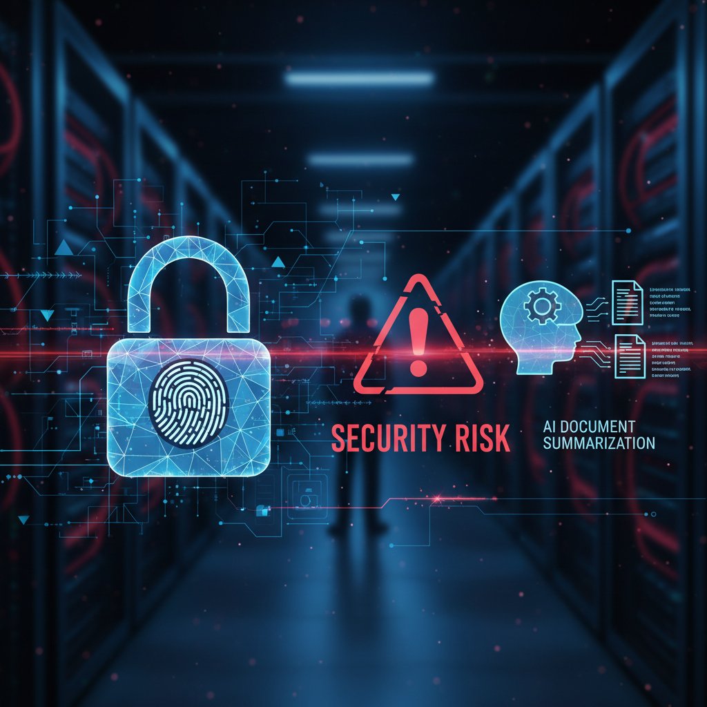 Security risks in AI-based document summarization, security lock overlay, digital document streams, high contrast, 16:9