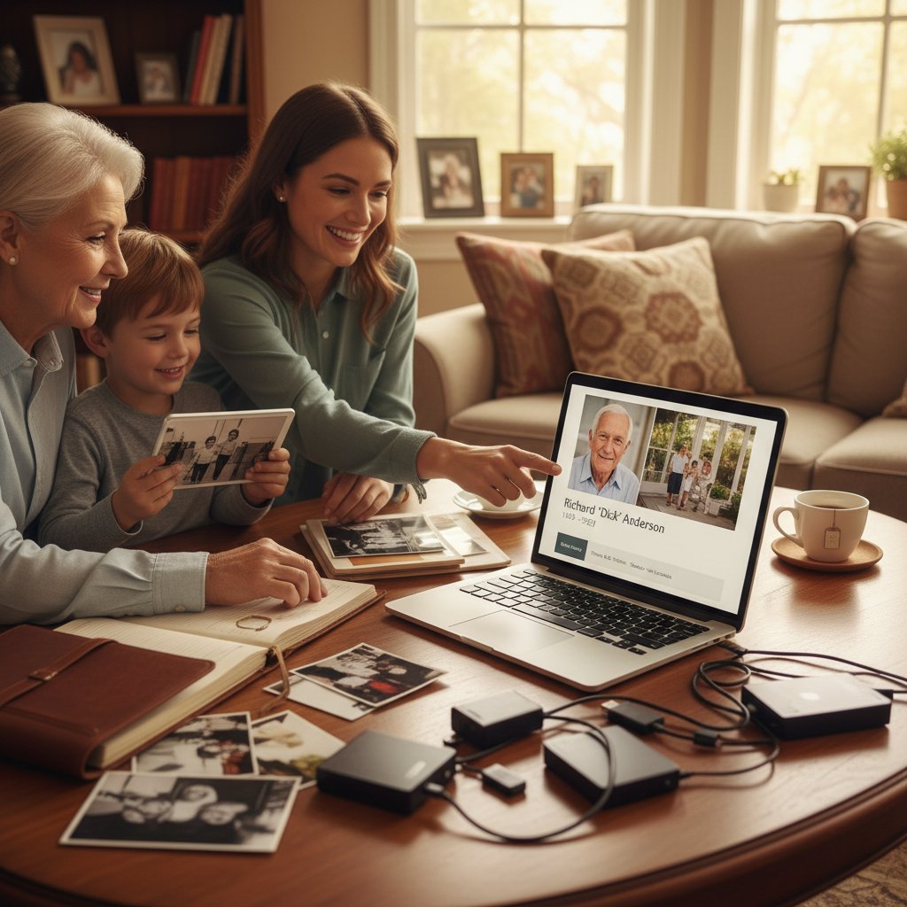 Senior and family member collaborating to set up a digital memorial, showing supportive intergenerational interaction