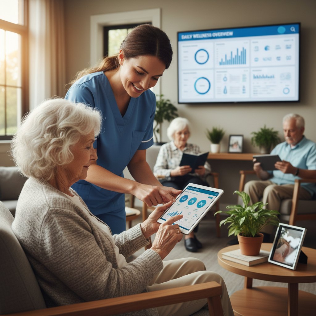 Senior im Pflegeheim mit Tablet, Digitalisierung in der Betreuung