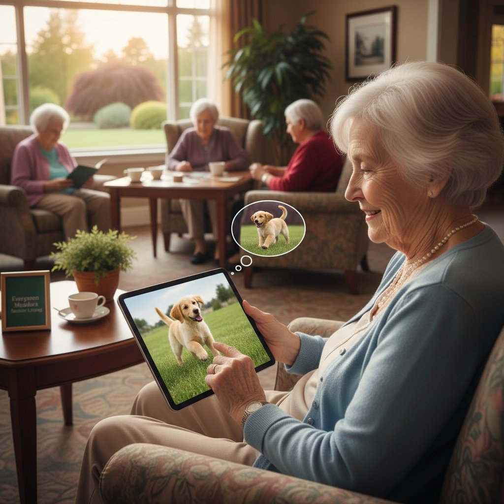 Seniorin mit Tablet und Hund-Avatar, Pflegeheim, Keywords: senior--tablet--virtual-dog--nursing-home