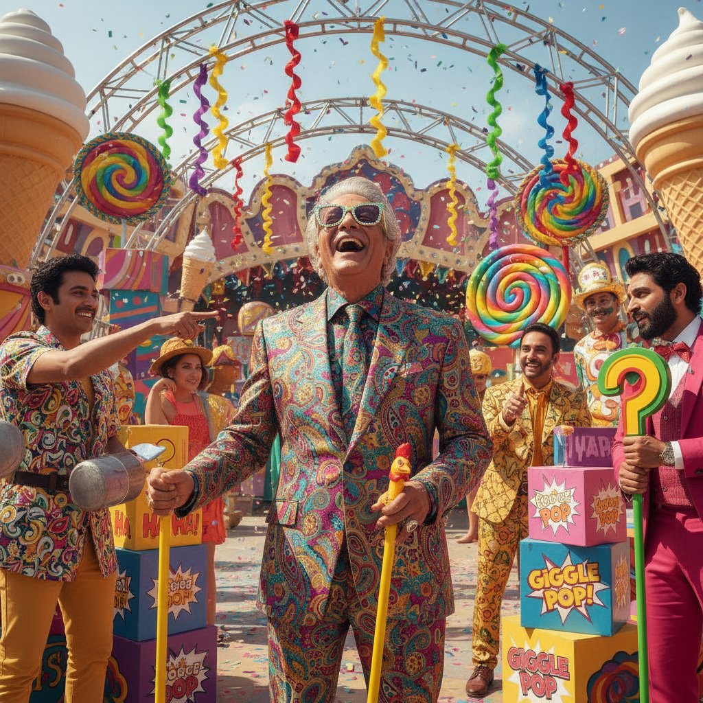 Senior Bollywood actor in colorful attire on a film set, laughing with the crew