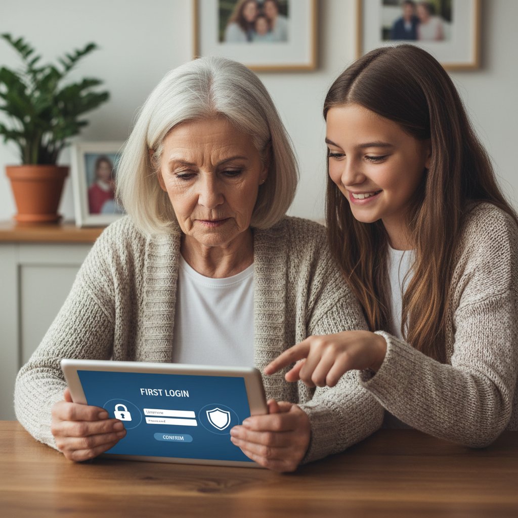 Seniorka loguje się na tablecie z pomocą wnuczki – bezpieczeństwo online seniorów