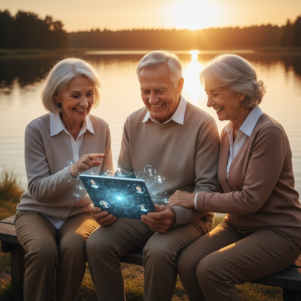 Seniorzy korzystający z tabletu, na ekranie widoczny chatbot AI, przyjazna atmosfera, zachód słońca
