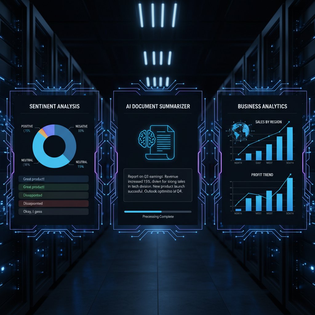 Business analyst reviewing document summary alongside sentiment and entity analysis charts