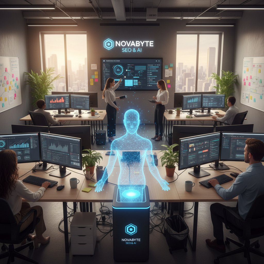 SEO agency leveraging AI assistant in collaborative workspace. Team in a digital war room, AI assistant dashboard projected, intense focus.