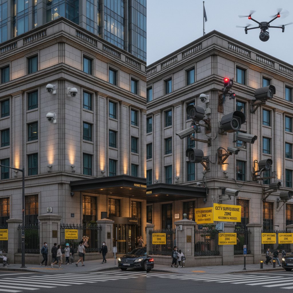 Hotel w centrum Seulu z widocznym monitoringiem na zewnątrz – zdjęcie ilustrujące różnice kulturowe