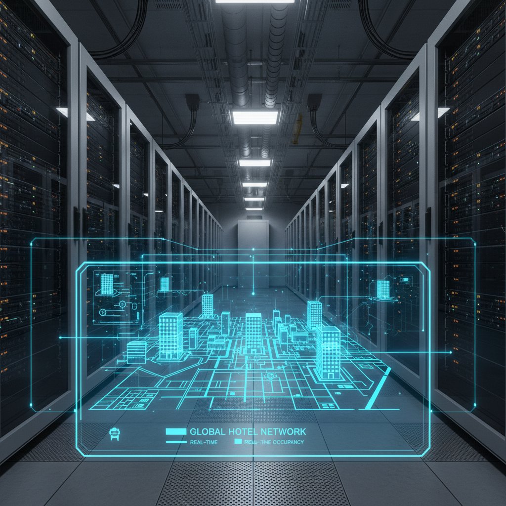 Server racks powering live hotel booking updates, digital map overlay showing hotel locations