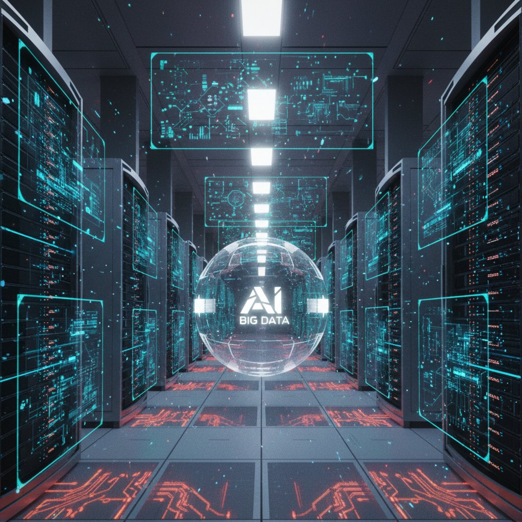 Serwerownia z podświetlonymi serwerami symbolizującymi architekturę AI i big data