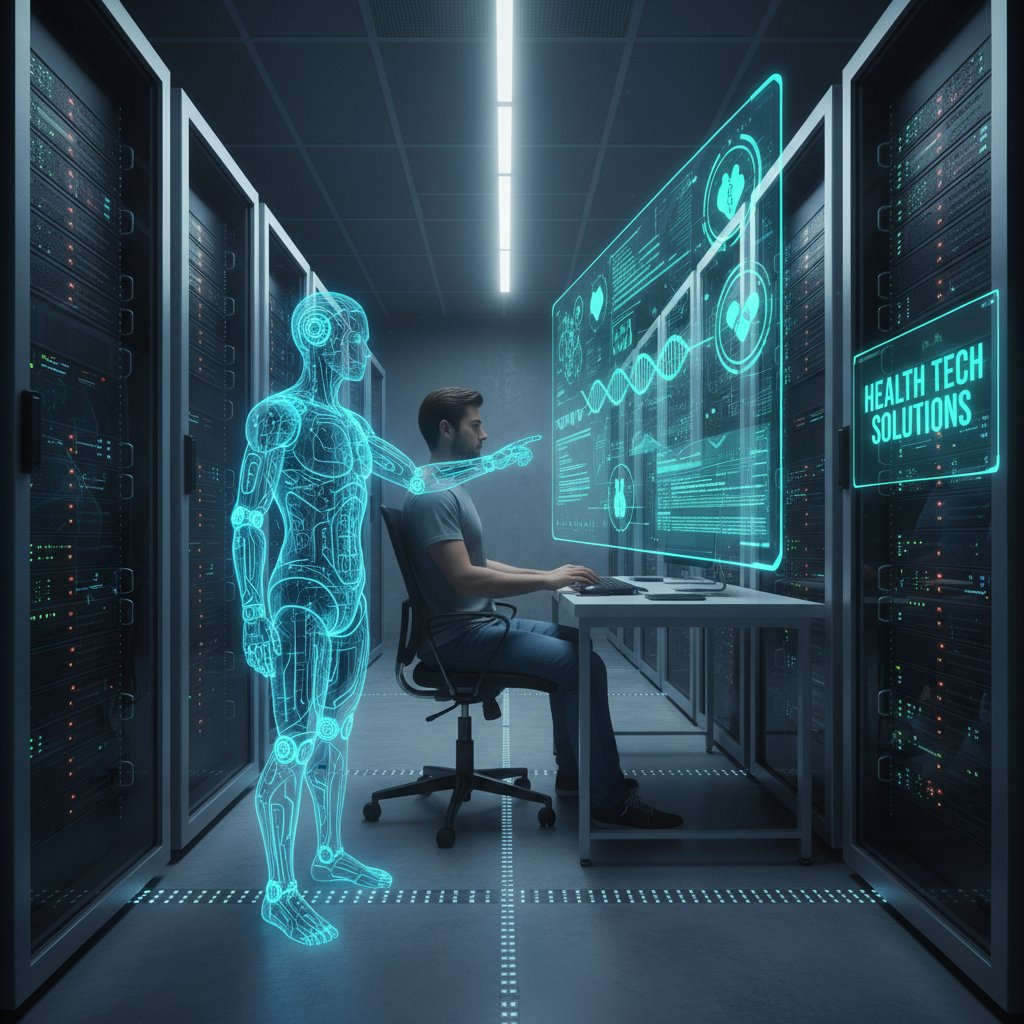 Serwerownia i programista pracujący nad algorytmem AI – cyfrowy ekosystem porad zdrowotnych