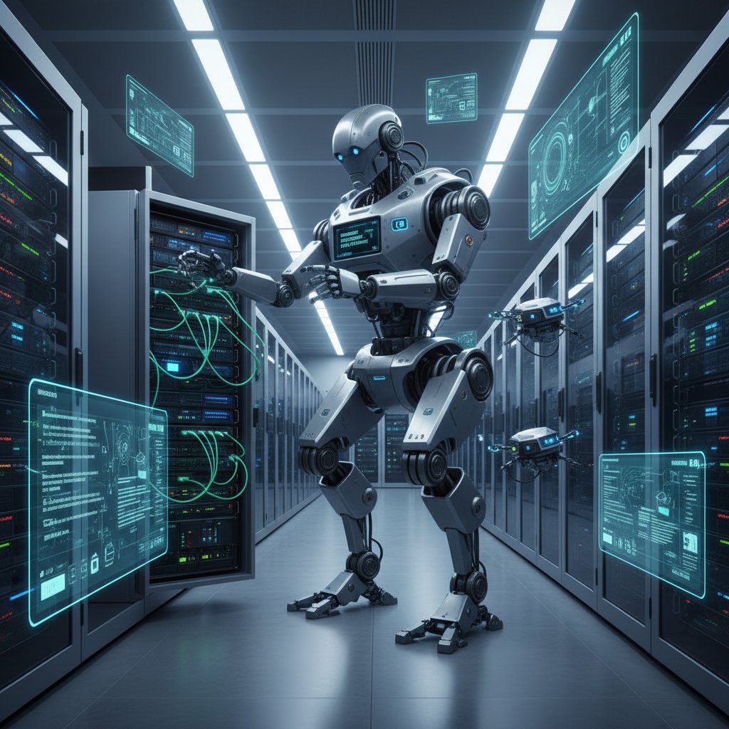 Serwerownia i robot – zdjęcie technologii, symboliczne przekazanie odpowiedzialności maszynie