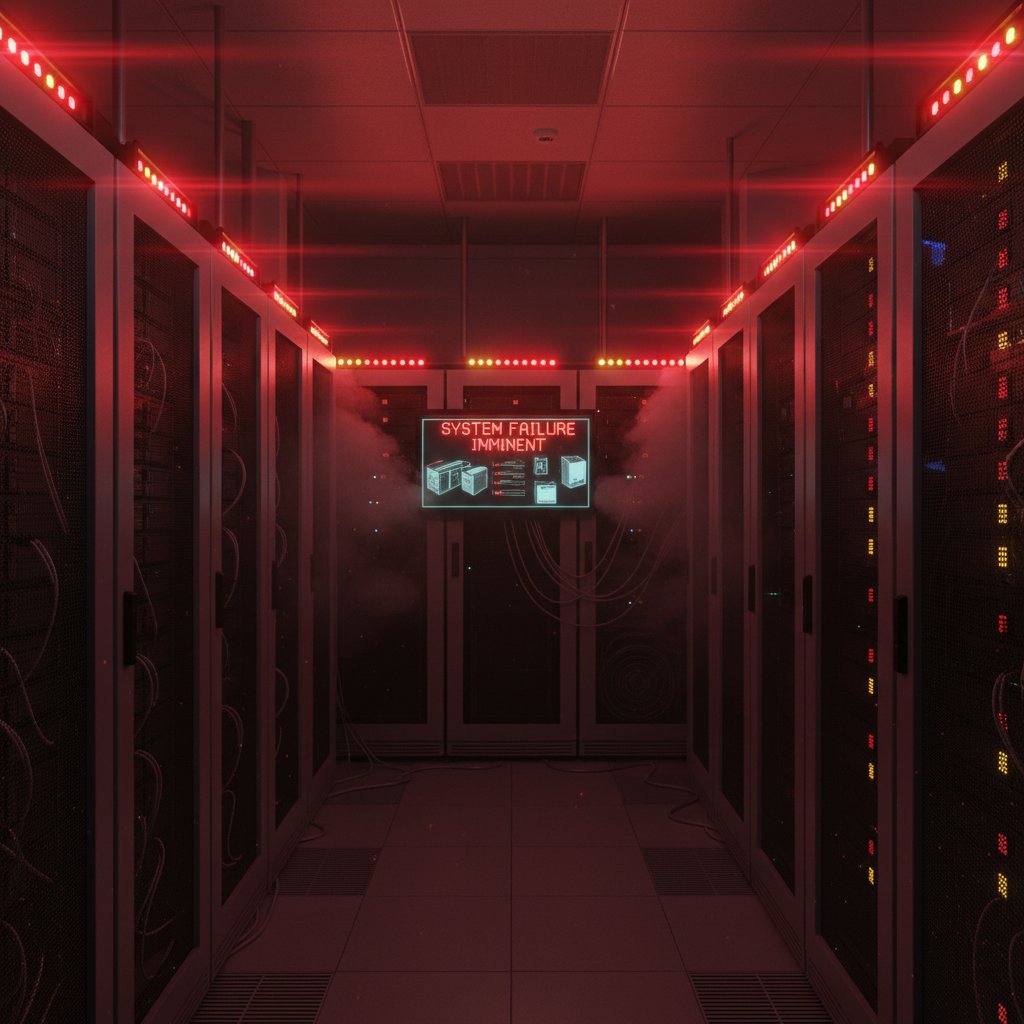 Server racks with warning lights, hinting at system trouble and digitization project failures.