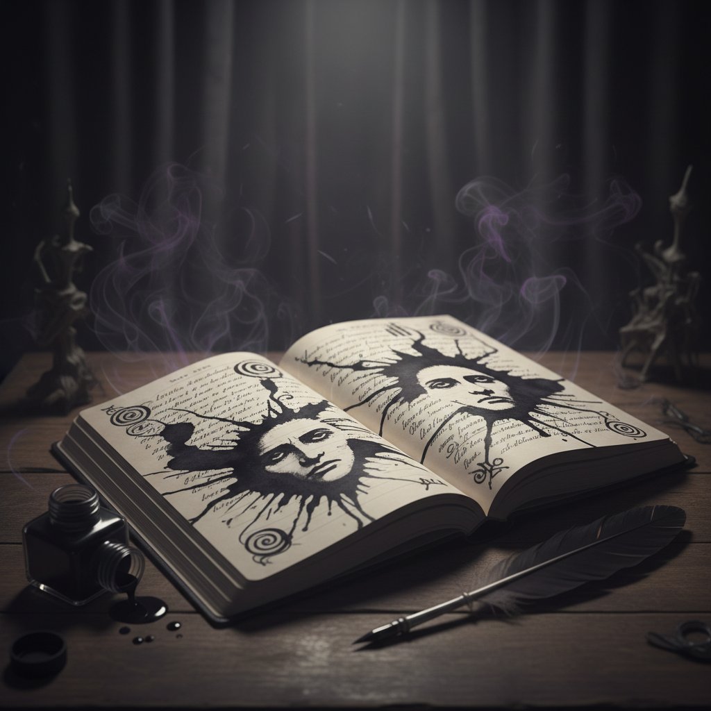 Visual metaphor for shadow work in journaling, abstract shadow falling across open journal, ink bleeding, intense atmosphere