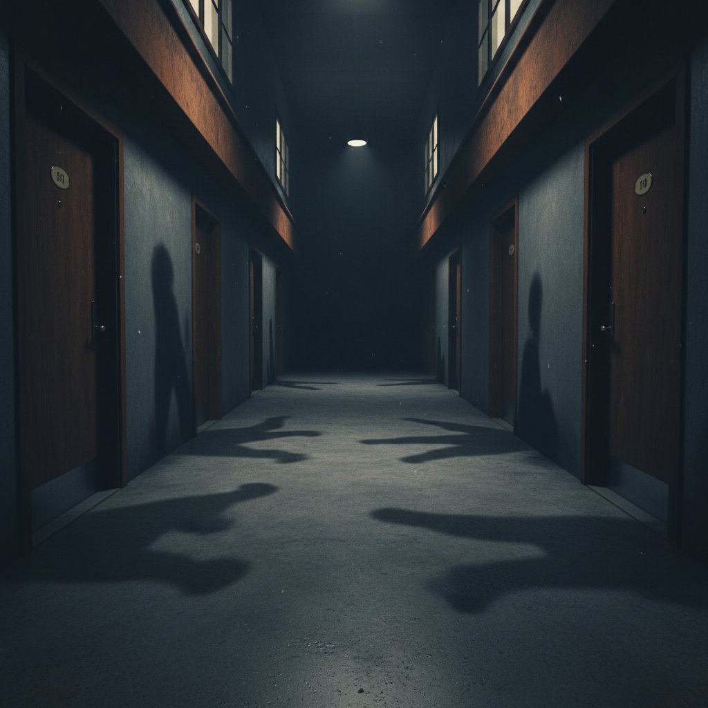 Shadowy corridor with multiple mysterious doors, conspiracy movie symbolism