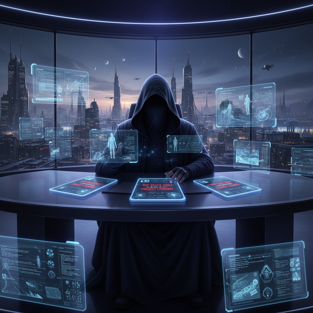 Shadowy director at a desk, reading scripts marked ‘Top Secret,’ futuristic backdrop. Alt: Francis Lawrence reviewing upcoming scripts.