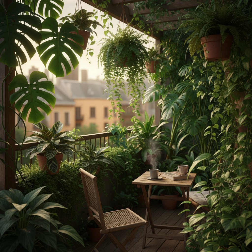Zielony balkon północny pełen cieniolubnych roślin