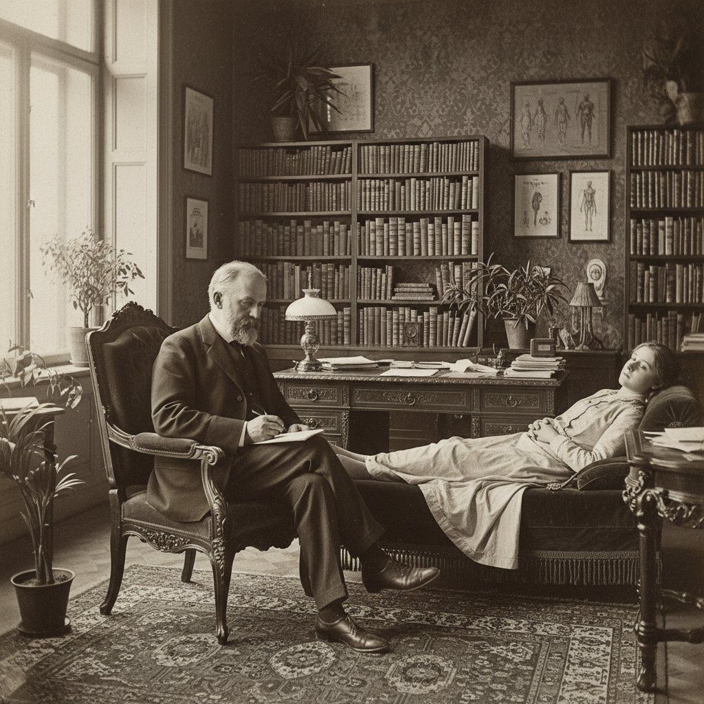 Historisches Bild: Freud im Gespräch mit Patient, symbolisiert Ursprünge der Symptomdeutung
