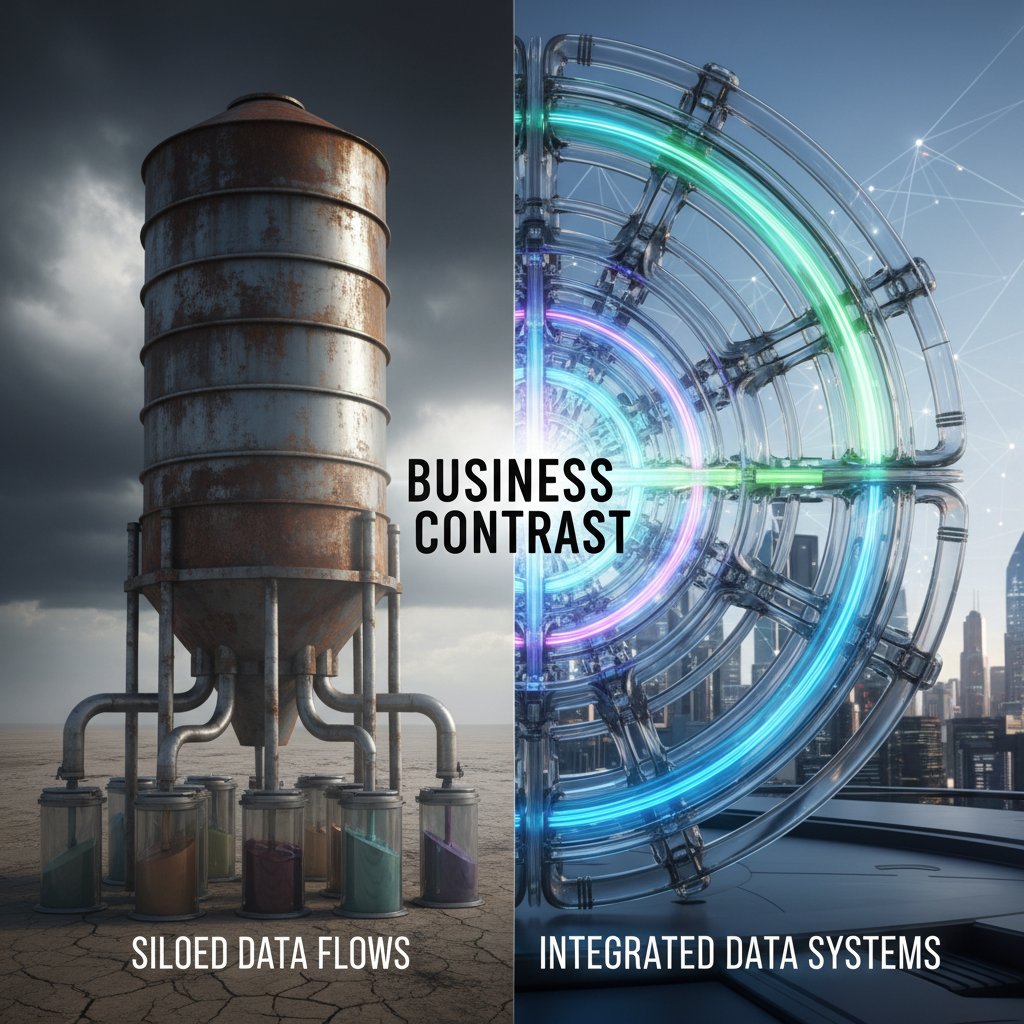 Visual contrast between fragmented and unified data systems, split-screen photo showing siloed and integrated data flows
