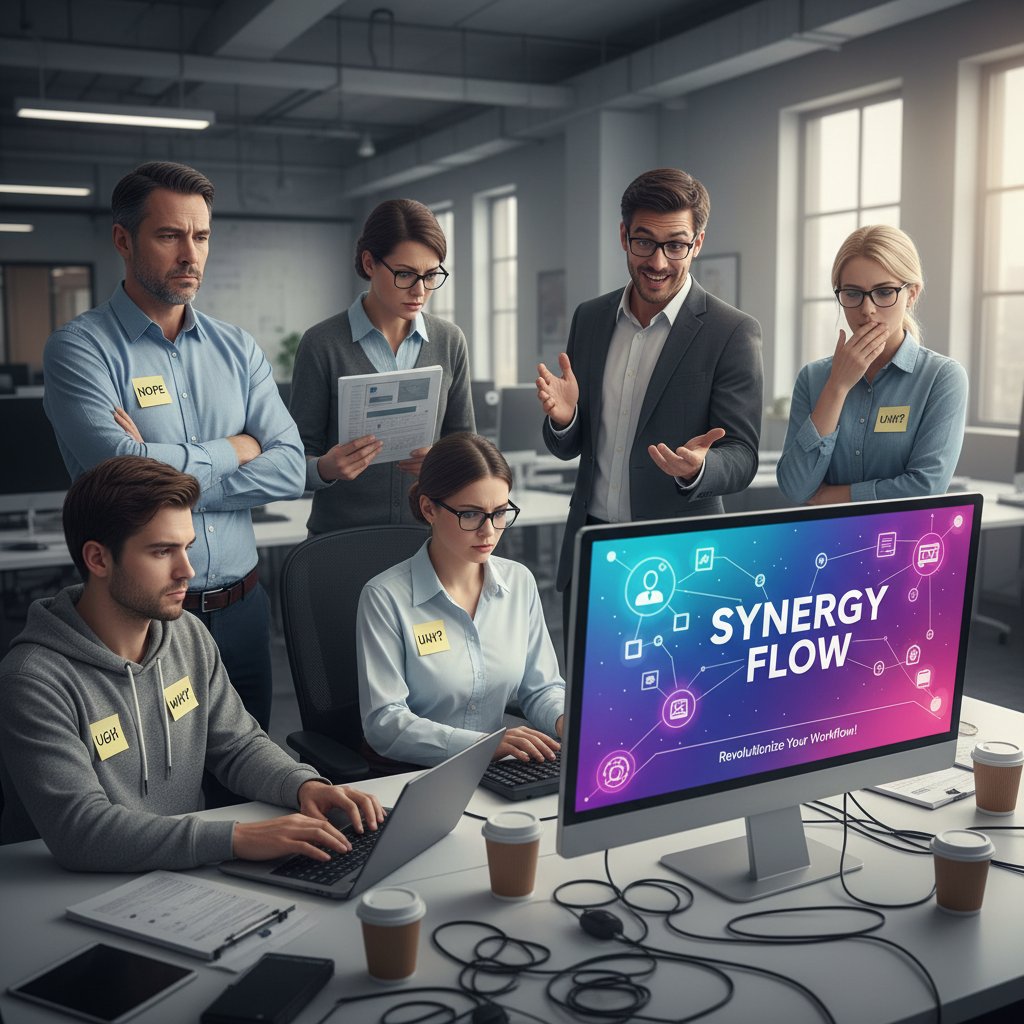 Zamknięta w sobie grupa pracowników patrząca z nieufnością na nowoczesne narzędzie IT