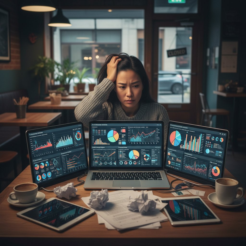 Small business owner struggling to keep up with analytics technology, document analytics software industry forecast