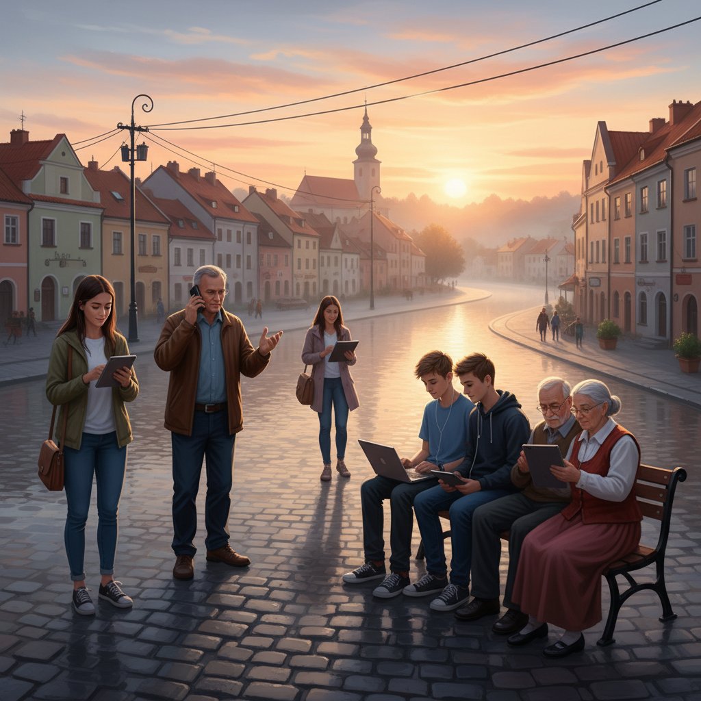Mieszkańcy małego miasta korzystający z aplikacji newsowej