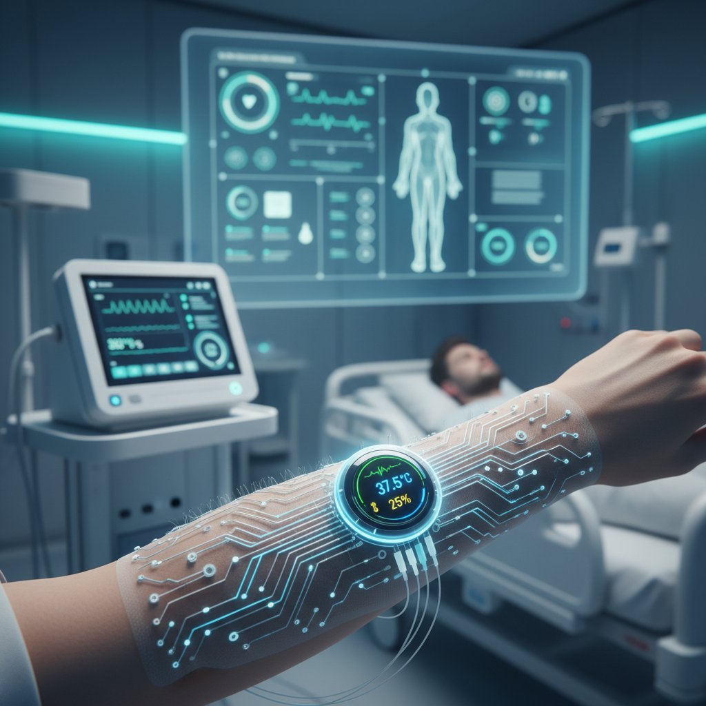 Nowoczesny smart-bandaż z widocznym sensorem monitorującym ranę, widok kliniczny