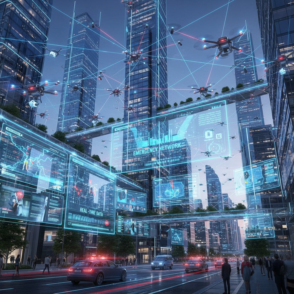 Smart city emergency network with sensors, drones, and real-time data visualization, showing future emergency system trends