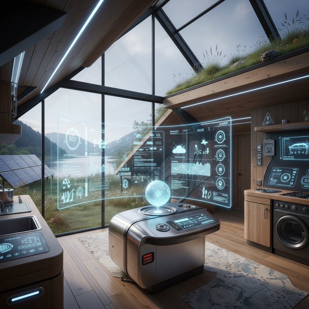 Creative photo of a smart eco-cabin with digital interfaces, AI adventure lodging technology