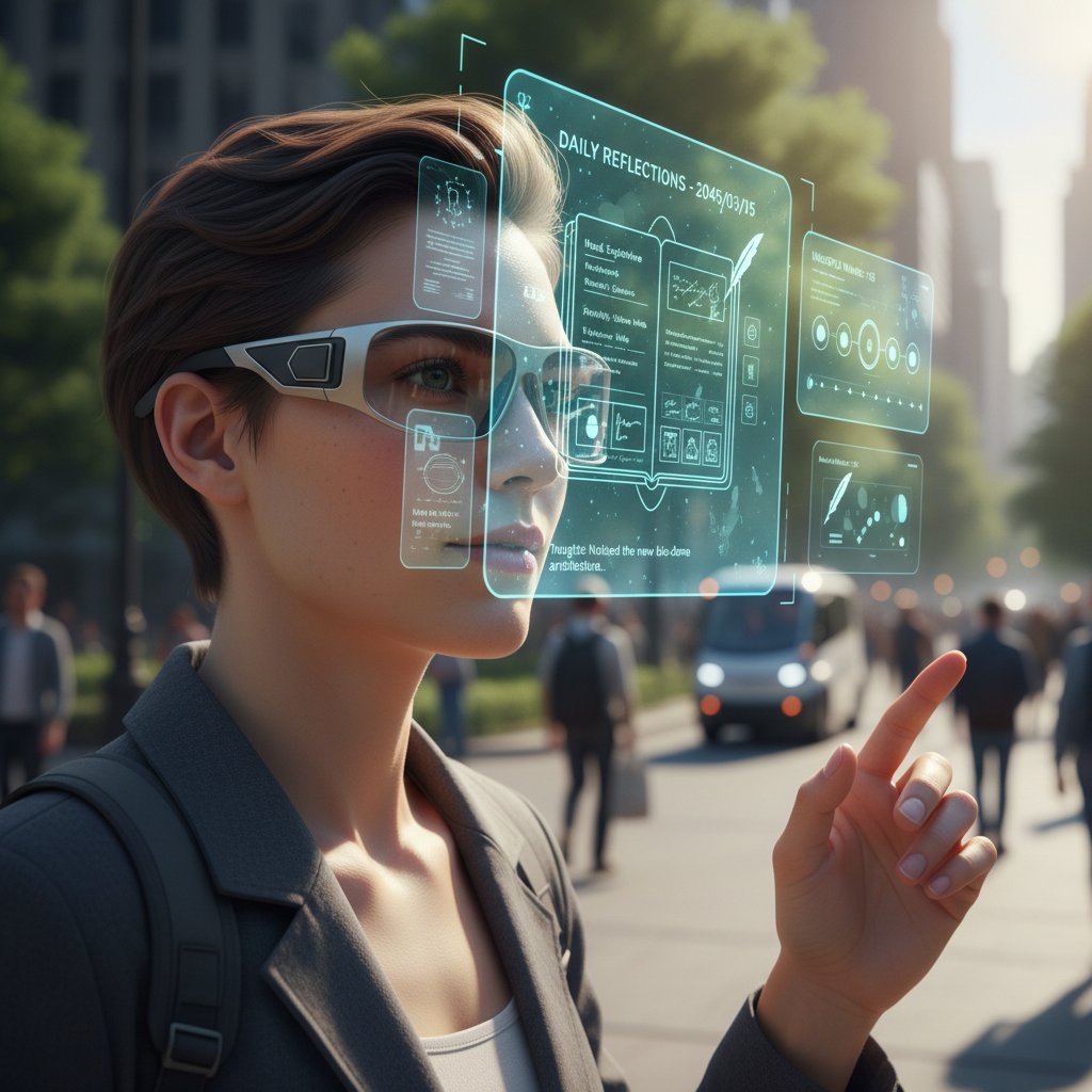 Futuristic image of a user journaling with smart glasses and AR data overlays, symbolizing the next wave of reflective journaling tool technology