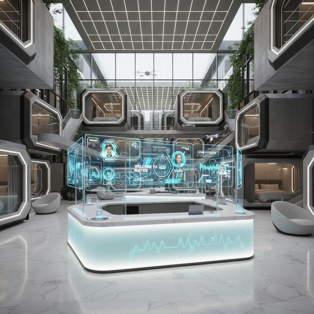 Technologiczne wnętrze hotelu modułowego z wirtualną recepcją i ekranami AI
