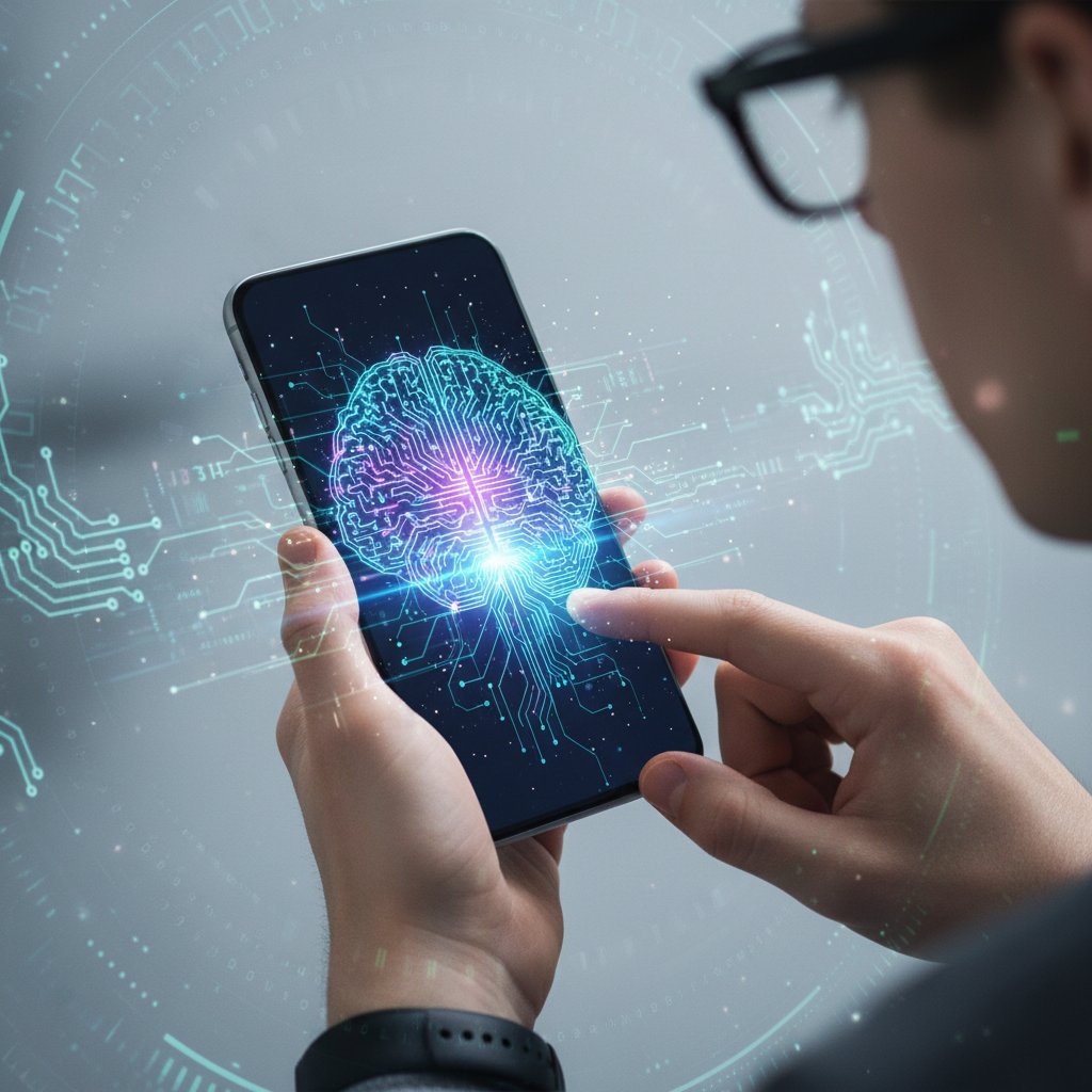 Smartfon z wzorem AI, dłonie na klawiaturze, klimat nowoczesności
