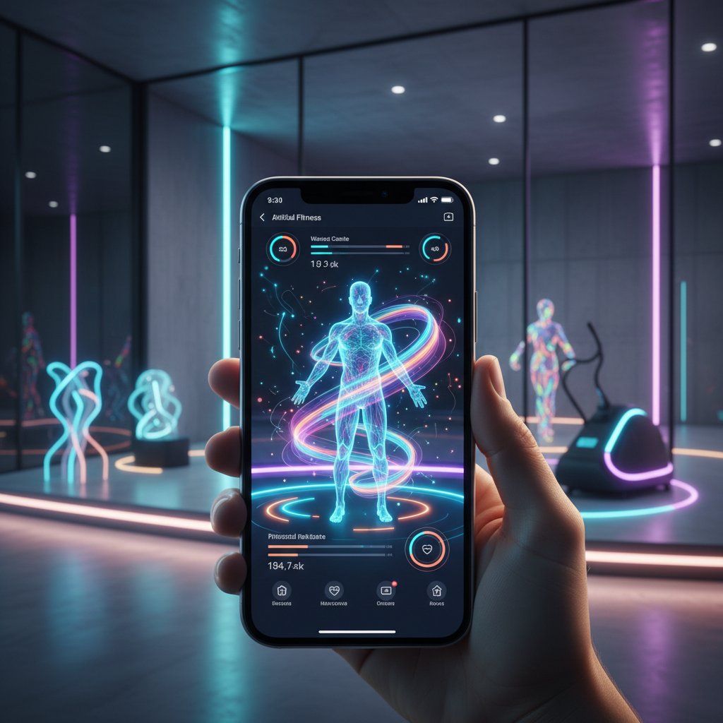 Zdjęcie smartfona z aplikacją trenerki AI w akcji podczas treningu, kolorowe światło, nowoczesne wnętrze – słowa kluczowe: smartphone--ai-fitness-app--colorful-light--modern-interior