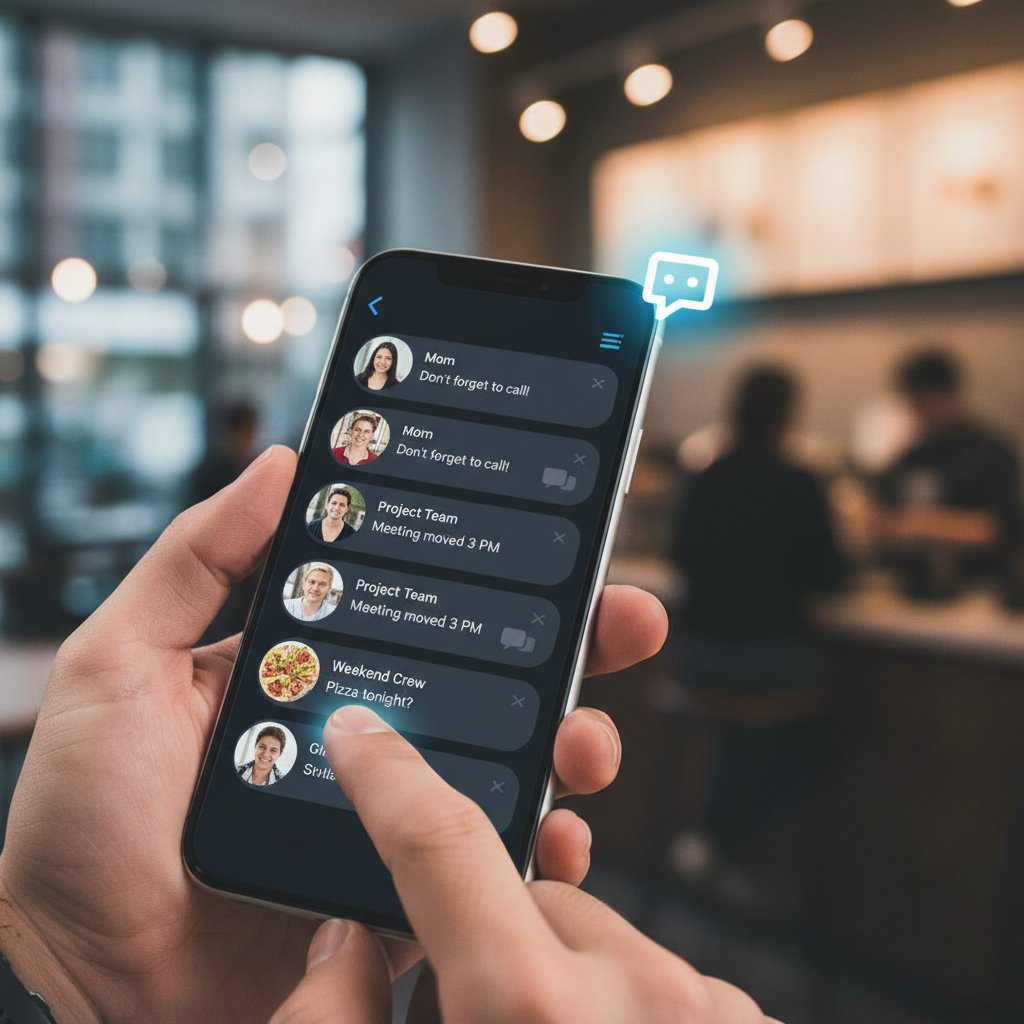 Smartfon z powiadomieniami z czatów, rozmazane tło, dynamiczne światło